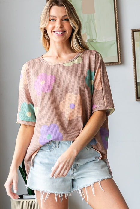 Women's Fashion Tops 2024 Floral Round Neck Side Slit Waffle T-Shirt