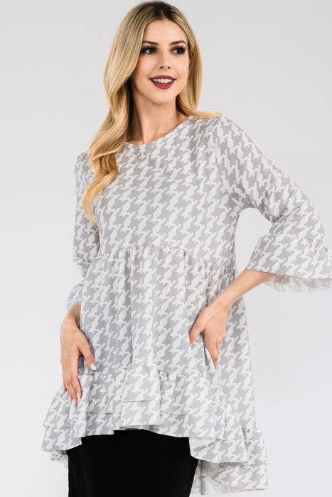 Women's Trendy Tops Houndstooth Flounce Sleeve High-Low Top