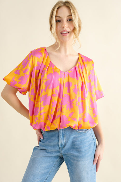 Women's Fashion Tops 2024 Printed Satin Bubble Hem Top