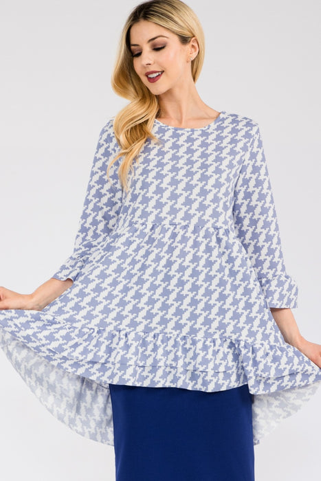 Women's Trendy Tops Houndstooth Flounce Sleeve High-Low Top