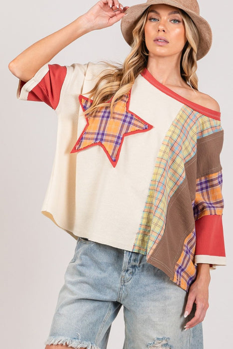 Women's Fashion Tops 2024 Round Neck Plaid Star Patch T-Shirt