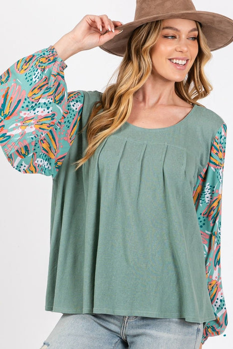 Women's Fashion Tops 2024 Ruched Round Neck Printed Bubble Sleeve Top