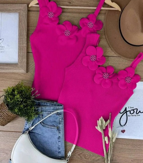 Women Chic Solid Three Dimensional Decoration Floral Beading Tank Sleeveless Camis Crop Tops
