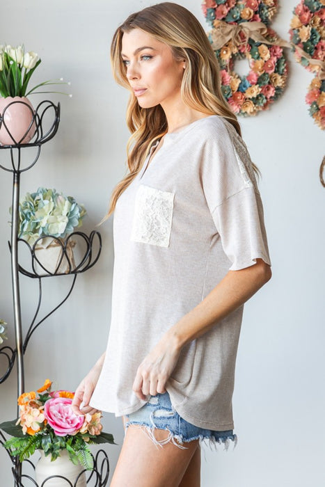 Women's Fashion Tops 2024 Lace Front Pocket Drop Shoulder Top
