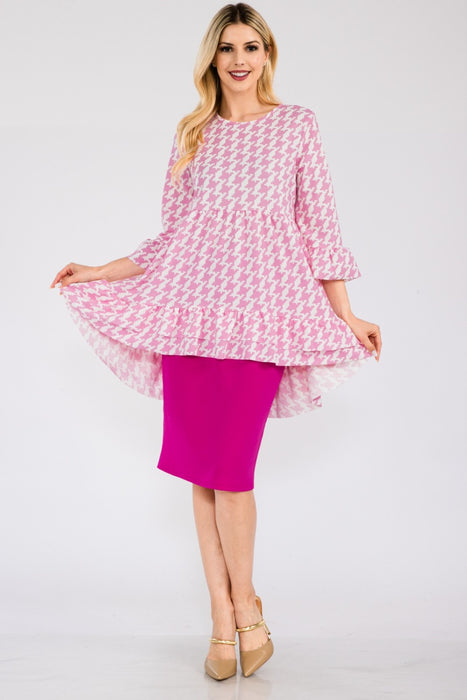 Women's Trendy Tops Houndstooth Flounce Sleeve High-Low Top