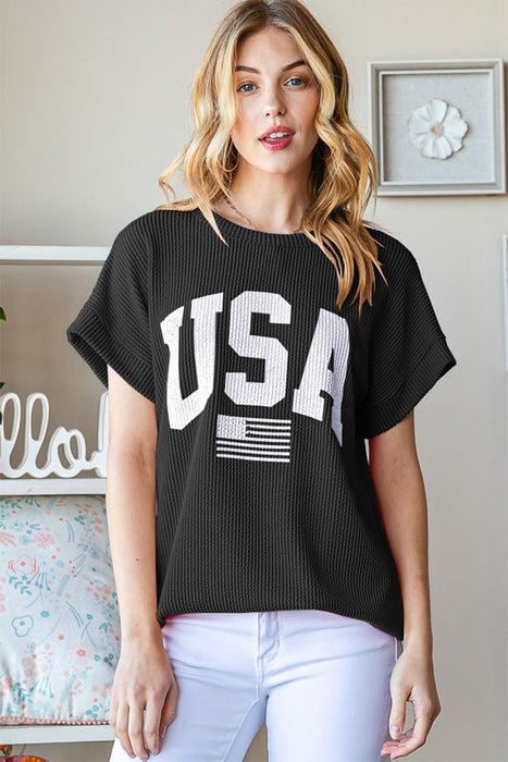 Women's Fashion Tops 2024 USA Graphic Short Sleeve Ribbed Top