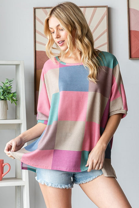 Women's Fashion Tops 2024 Checkered Round Neck Side Slit T-Shirt