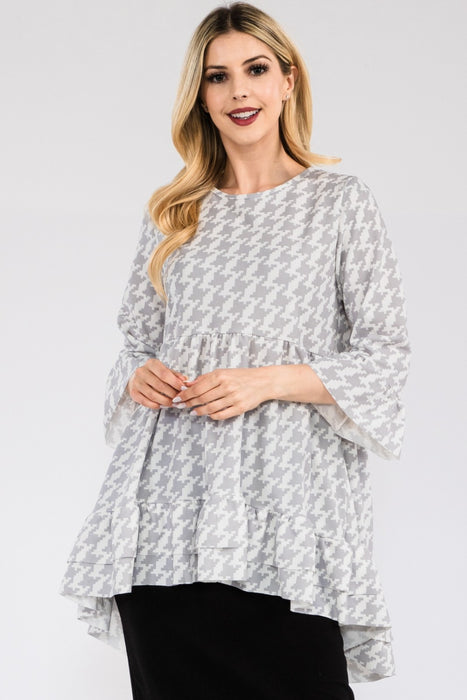 Women's Trendy Tops Houndstooth Flounce Sleeve High-Low Top