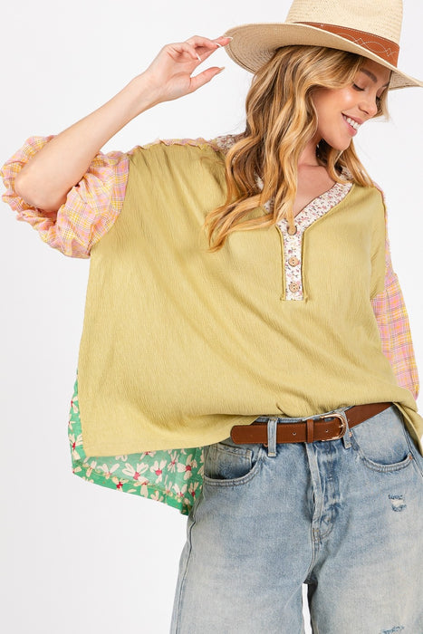 Women's Fashion Tops 2024 Color Block Bubble Sleeve Top