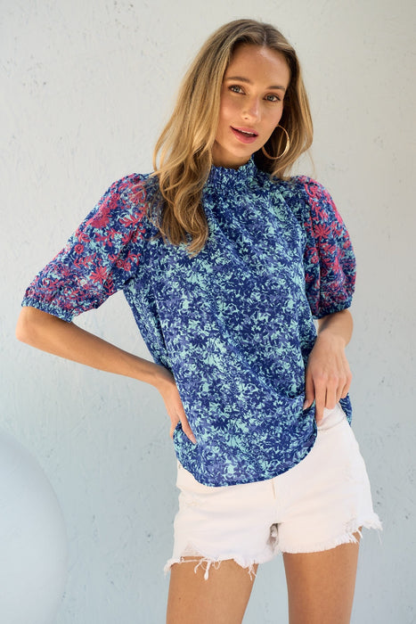 Women's Fashion Tops 2024 Embroidered Puff Sleeve Printed Blouse