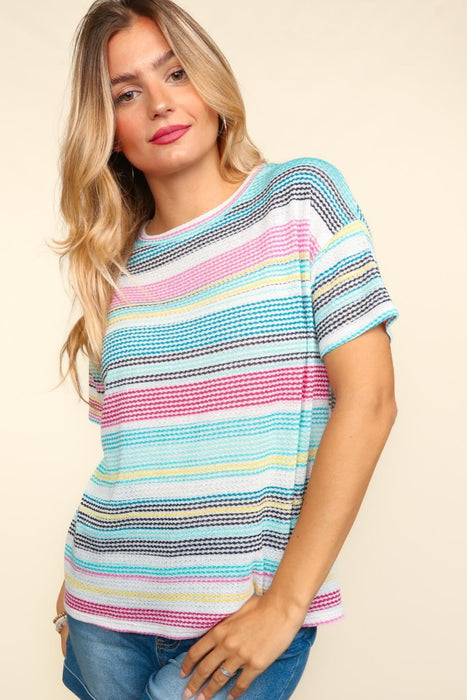 Women's Fashion Tops 2024 Waffle Stripe Short Sleeve T-Shirt