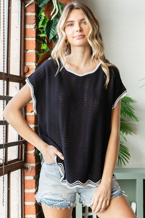 Women's Fashion Tops 2024 Contrast Wavy Crochet Drop Shoulder Knit Top