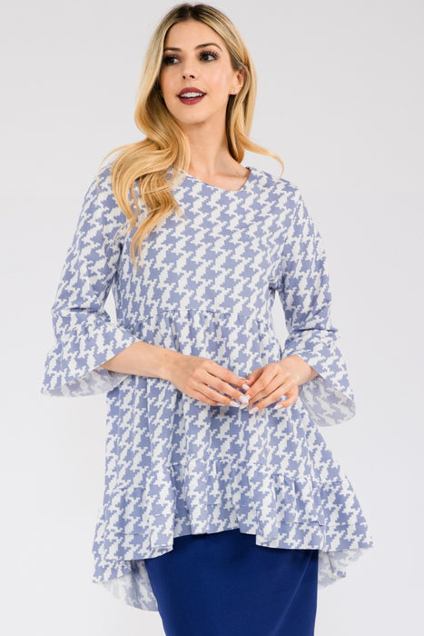 Women's Trendy Tops Houndstooth Flounce Sleeve High-Low Top