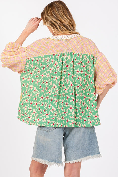 Women's Fashion Tops 2024 Color Block Bubble Sleeve Top