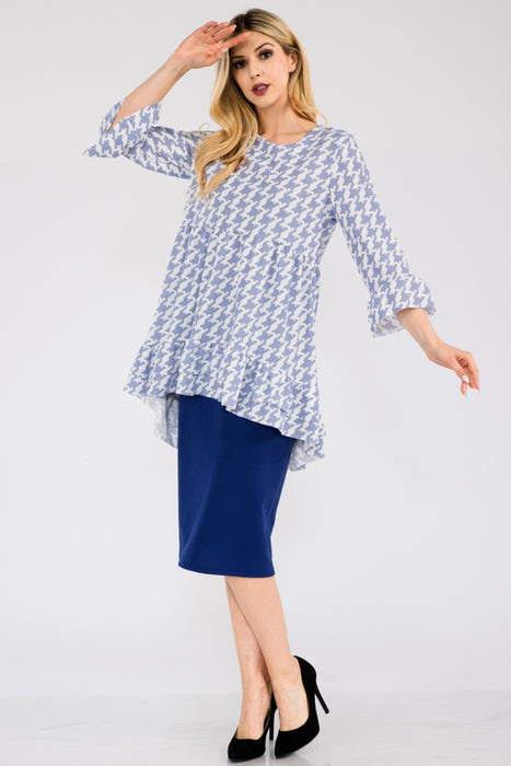 Women's Trendy Tops Houndstooth Flounce Sleeve High-Low Top