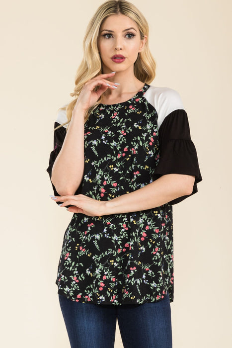 Women's Trendy Tops Floral Contrast Bell Sleeve Top