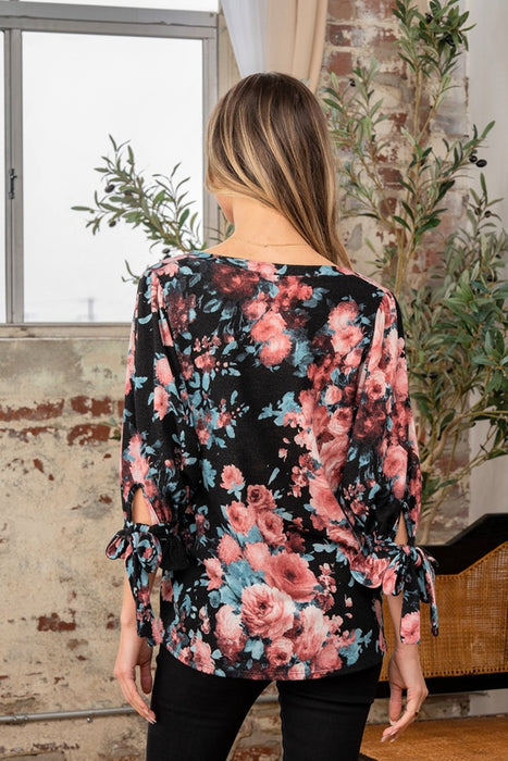 Women's Fashion Tops 2024 Floral V-Neck Top with Sleeve Knot