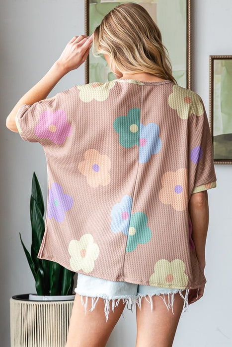 Women's Fashion Tops 2024 Floral Round Neck Side Slit Waffle T-Shirt
