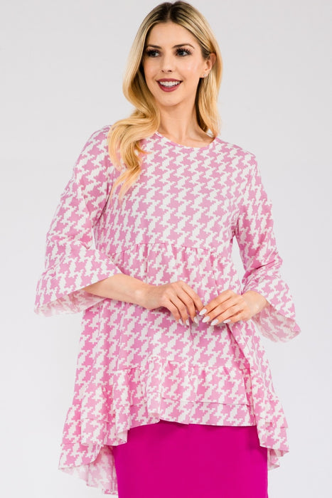 Women's Trendy Tops Houndstooth Flounce Sleeve High-Low Top