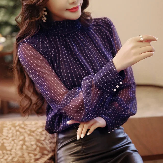 Long Sleeve Blouse Women Casual Striped Chiffon Blouse Shirt Fashion