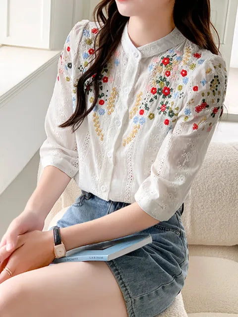 Embroidered Flower Jacquard Tops For Women Stand Collar Shirt