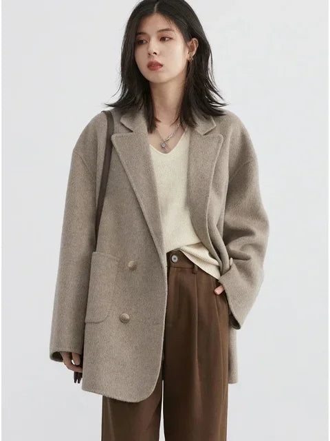 Women's Woolen Coats Loose Casual Double Breasted Retro Double-sided Jacket Office Lady Outerwear Fall Winter