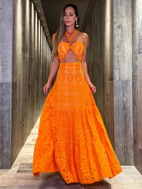 Summer Solid Hollow Lace Women Dress Halter Strapless Sleeveless Naked Waist Sexy Long Dress Evening Party Female Clothing