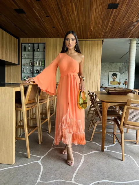 Solid Women's One-Shoulder Sexy Lady Long Skirt Slit Ruffled Tassel Swing Evening Dress