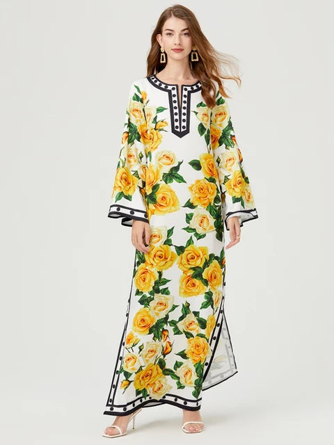 Summer Holiday Yellow Rose Flower Printed Loose Robe Dress Women Beach Long Sleeve Dot Floral