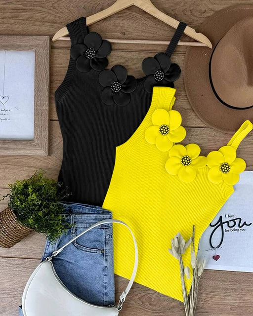 Women Chic Solid Three Dimensional Decoration Floral Beading Tank Sleeveless Camis Crop Tops