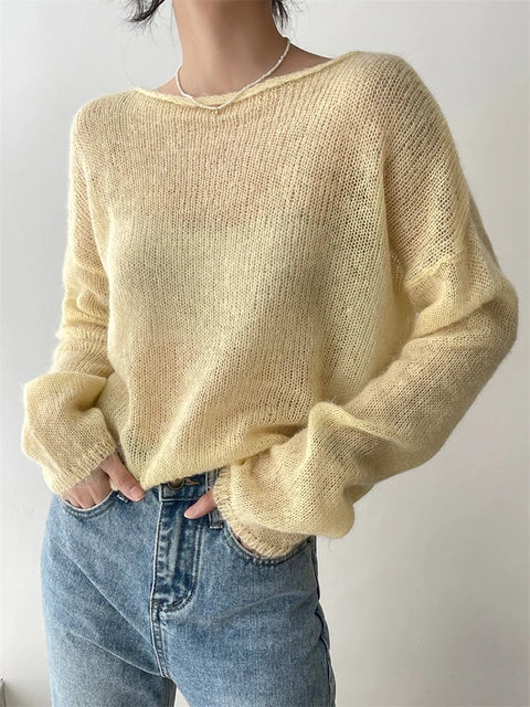 Thin Knitted Sweater Women Long Sleeves Solid Color Transparent Pullover Female Fashion Top
