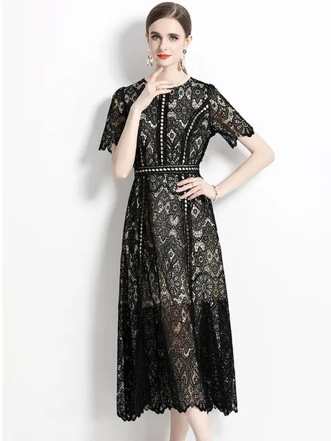 Designer Fashion Lace Hollow Out Long Dress Women Short Sleeve Elegant Mid-Length