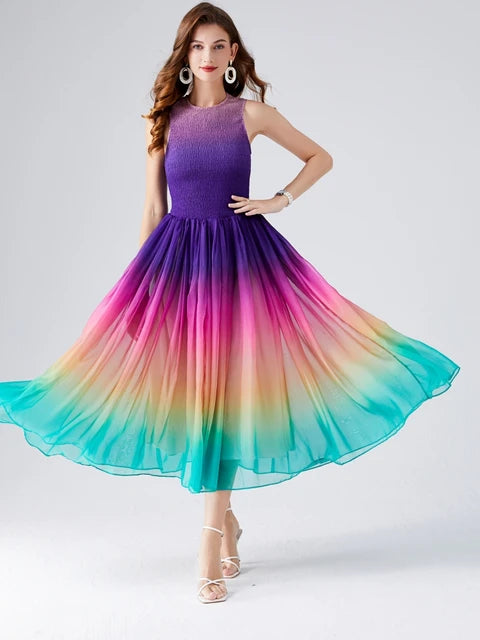 Summer Holiday Gradient Color Rainbow Long Dress Women's Sleeveless O Neck Zipper Stretch Patchwork Chiffon Party Dresses