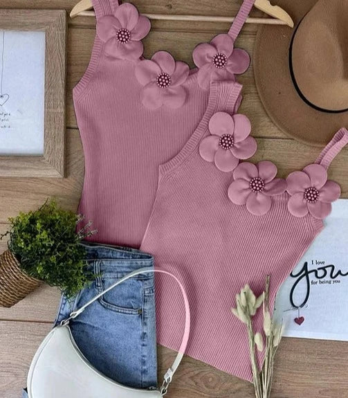 Women Chic Solid Three Dimensional Decoration Floral Beading Tank Sleeveless Camis Crop Tops