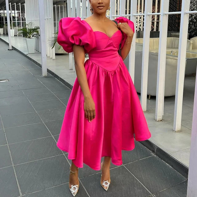 Classy Dresses for Women Sweetheart Neck Puff Sleeves Backless Pleated Midi Dress Summer Elegant Formal Party Wear