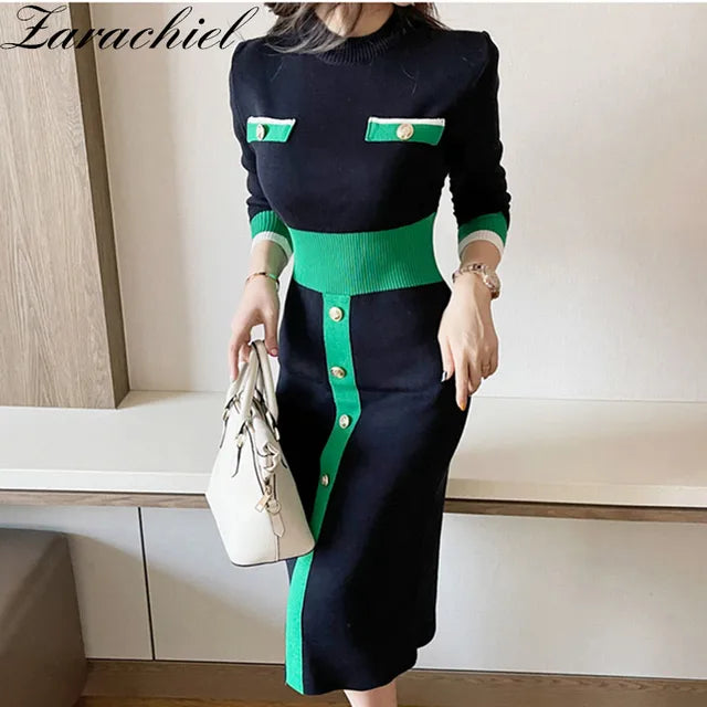 Fall Winter Contrast Color Sweater Dress Women Elegant Long Sleeve Buttons Slim Knitted Bodycon Midi