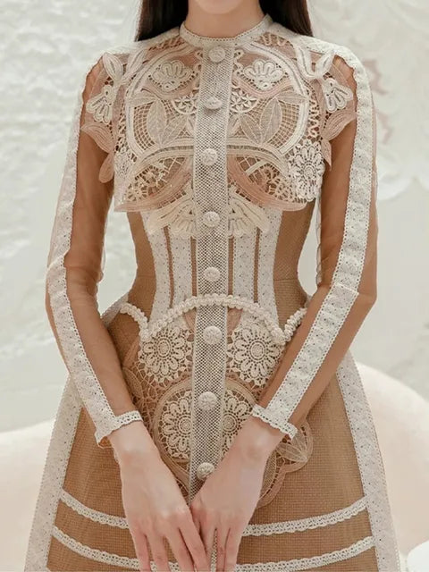 Luxury Vintage Lace Patchwork Dress Women's Mesh Long Sleeve Elegant Dresses