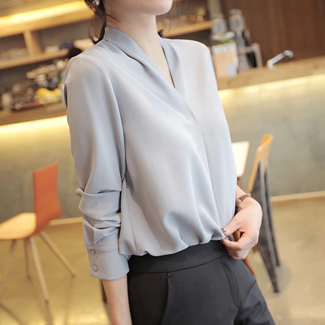Women Shirts Long Sleeve Solid White Chiffon Office Blouse