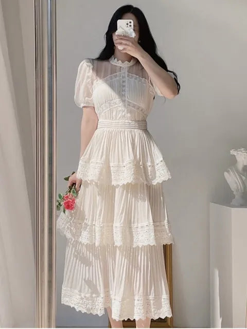 Vintage Woman Summer Dress Ladies Puff Short Sleeve O-Neck Beige Elegant Party Dresses