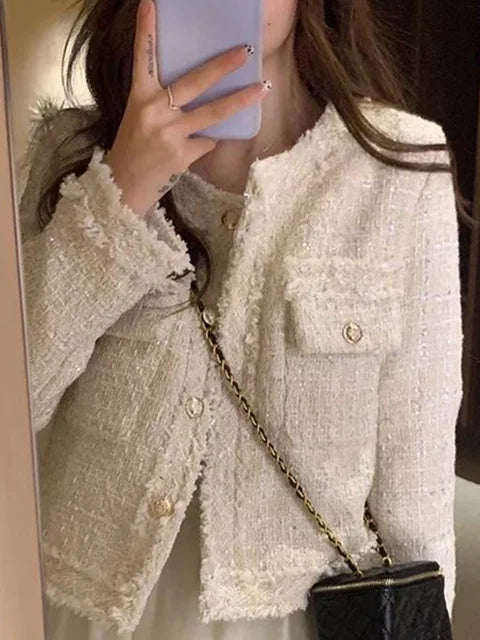 Tweed Woolen Jacket Coat Women Fall Single Breasted Plaid Tassel Office Lady Outwear