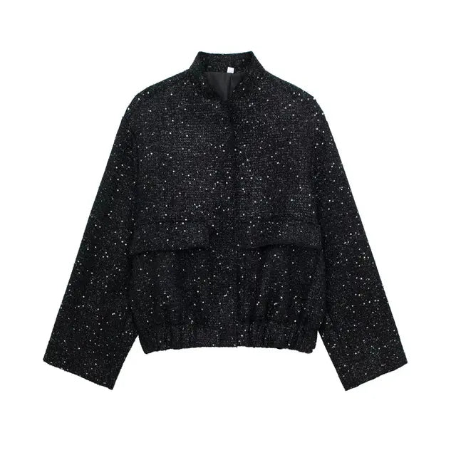 Women Fashion Shiny Sequin Jacket Gold Color Stand Collar Long Sleeve Short Coat Fall Winter Ladies Christmas Outwear