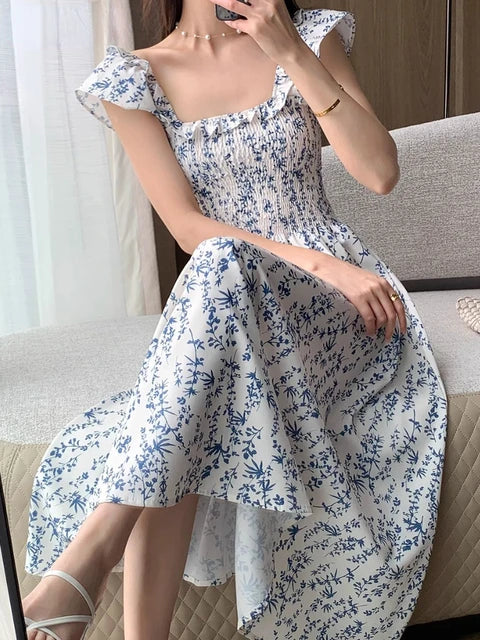 Vintage Sexy Slash Neck Flying Sleeve Print Floral Bodycon Dresses for Women Beach Sleeveless Dress Summer