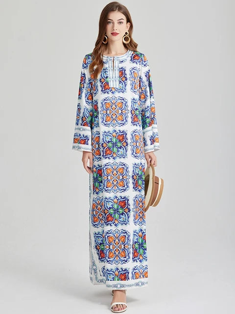 Fashion Bohemian Holiday Loose Maxi Dresses For Women Long Sleeve O Neck Flower Print Side Split