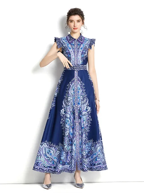 Summer Fashion Runway Maxi Dress Women's Sleeveless Ruffles High Waist Belt Vintage Printed Long