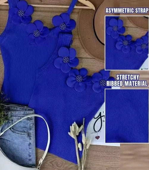 Women Chic Solid Three Dimensional Decoration Floral Beading Tank Sleeveless Camis Crop Tops