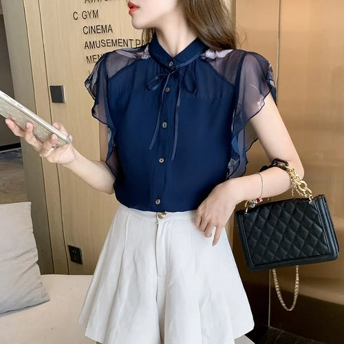 Summer Women Chiffon Blouse Shirt Tops Short Sleeve