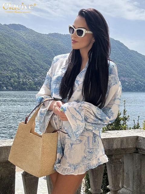 Fashion Loose Print Shorts Set For Women 2 Piece Elegant Long Sleeve Blouse With High Waist Ruffle Shorts Set Summer