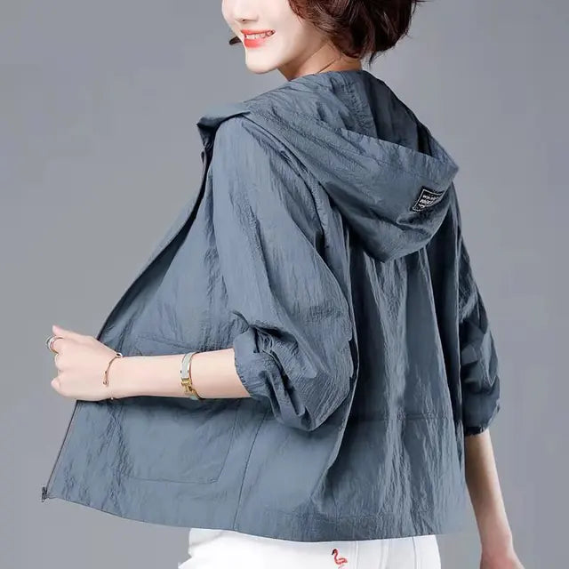 Summer Spring Solid Color Women's Jacket All-Match Jackets Hooded Thin Sunscreen Coat SPF Office Lady