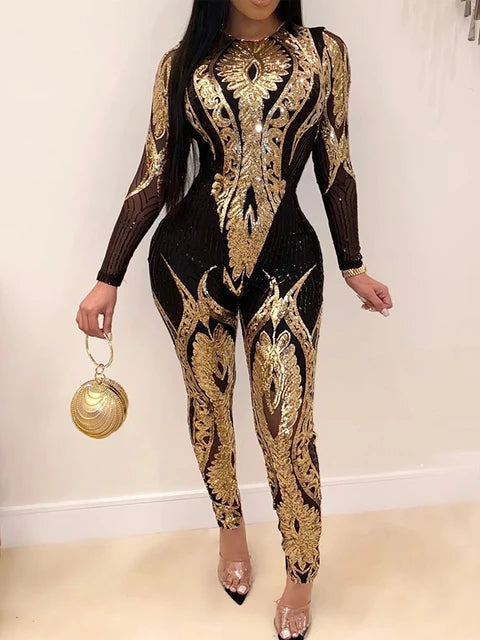 Long sleeve Sequin bodycon jumpsuit women bodysuit party nightclub outfits womens jumpsuits overall