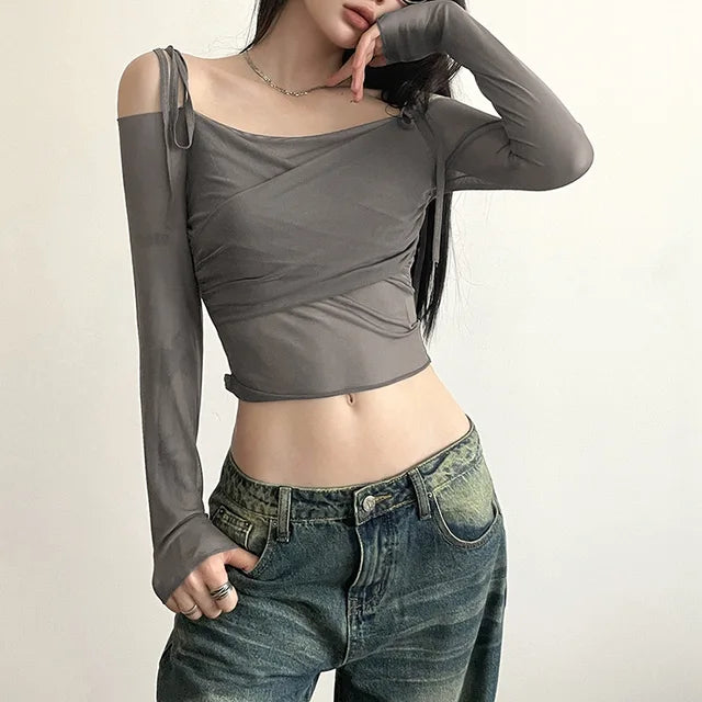 Solid Slash Neck Crop Tops Sexy Off Shoulder Straps Long Sleeve T-Shirts Slim Mesh Tees Streetwear Women